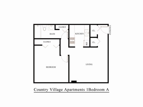 Floor plan for 1 bed, 1 bath